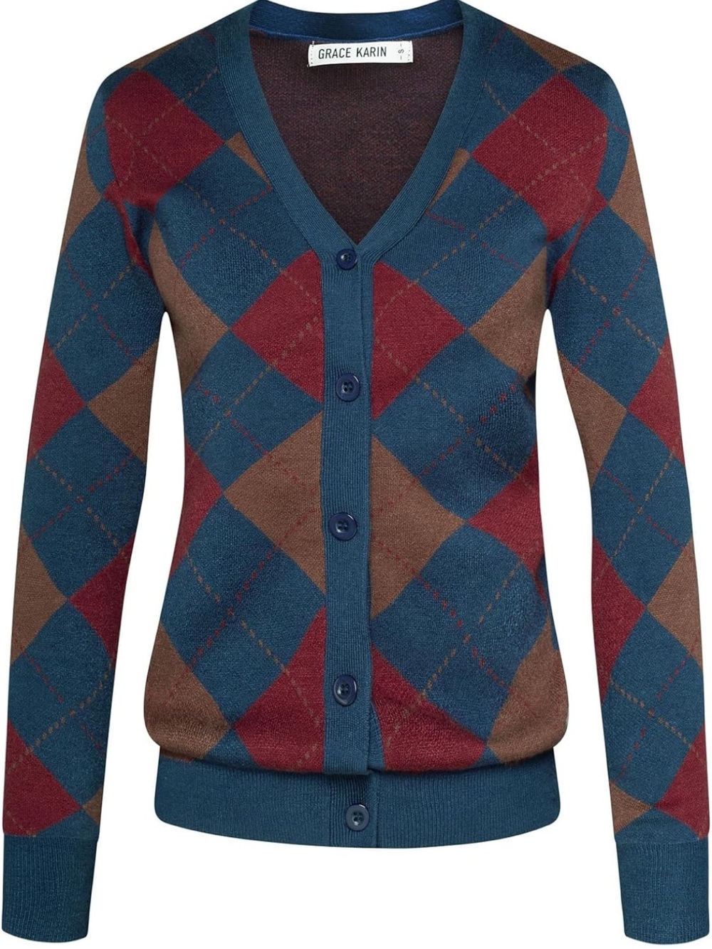 Plaid Sweater Long Sleeve Cardigan Argyle Preppy Style S 1411/bb7-2 - Picture 1 of 7